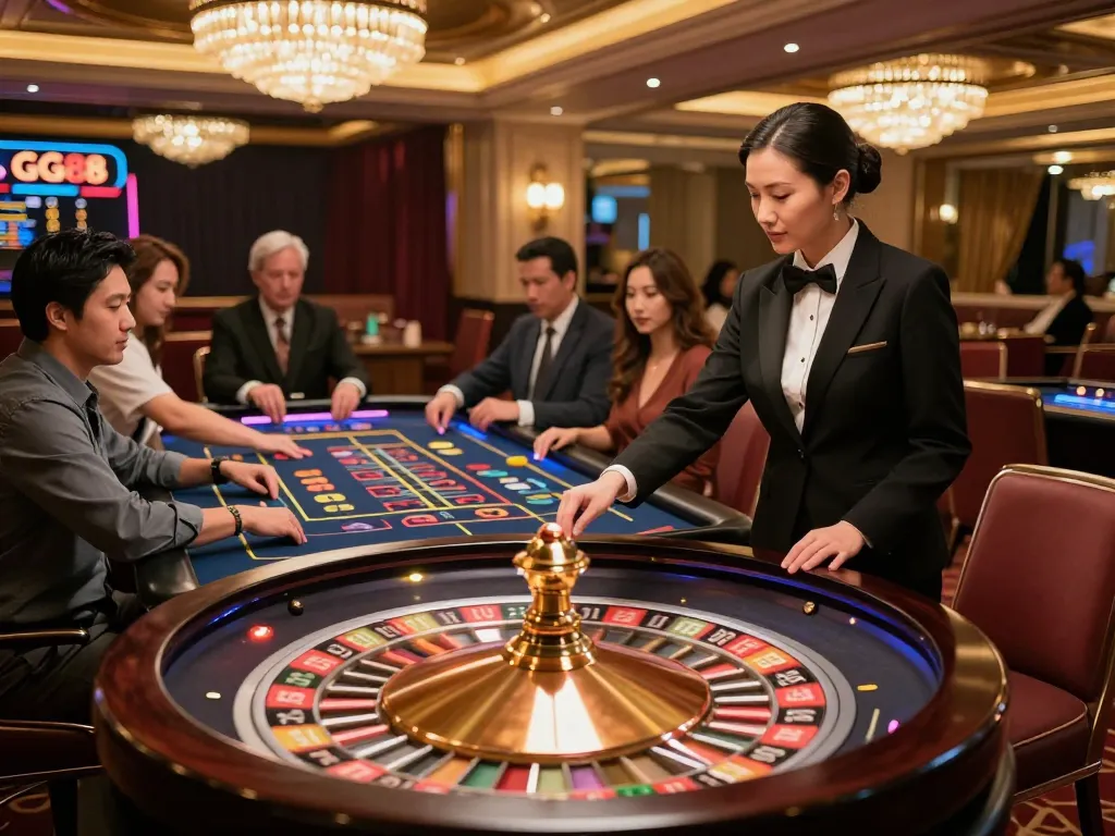 Experience the thrill of betting at GG88's upscale roulette table during an exciting evening.