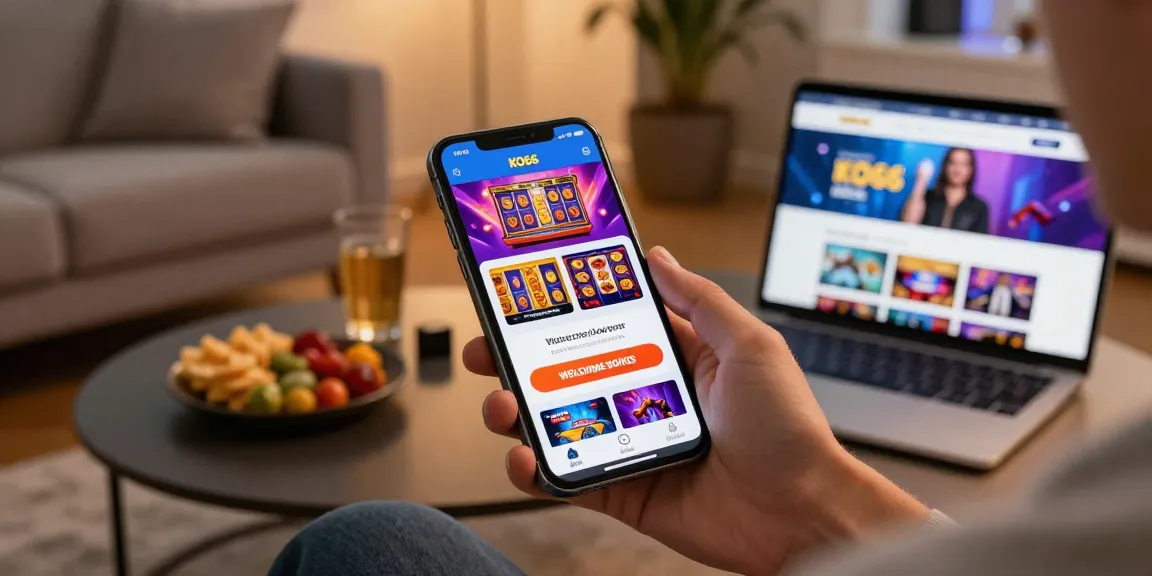 Engaged user exploring KO66 app with vibrant casino games in a cozy living room setting.