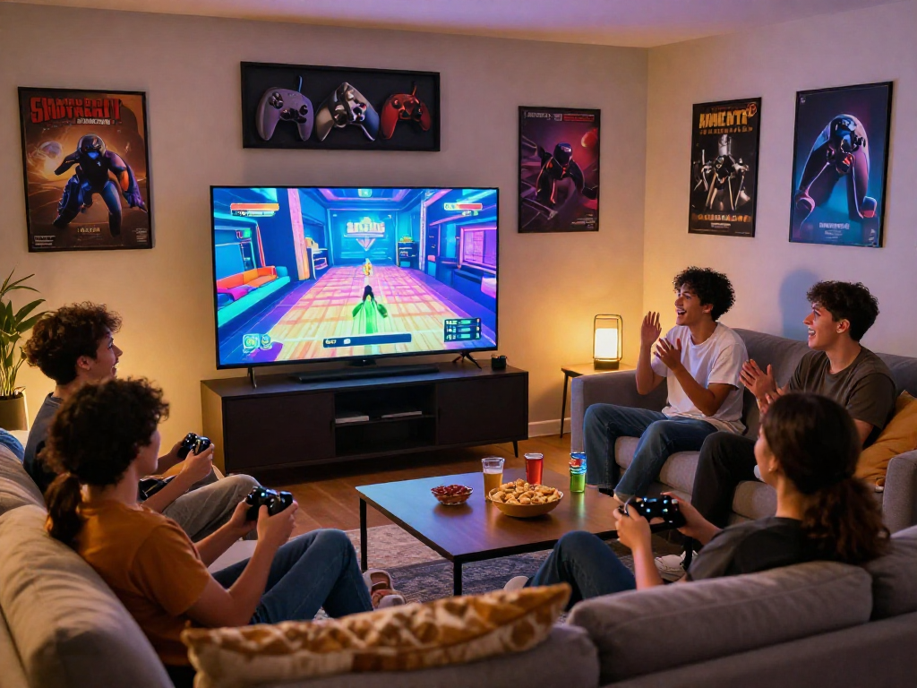 Friends enjoying the rokok88 gaming experience in a cozy living room with vibrant visuals and snacks.