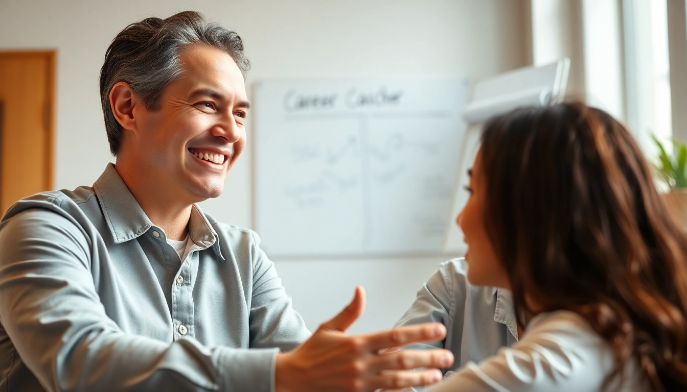 Engaging career coaching session highlighting a client and coach in a professional setting, demonstrating support.