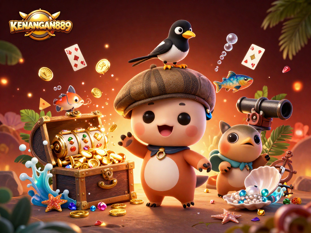 Play exciting slots with KENANGAN889 in a vibrant, animated underwater casino scene.