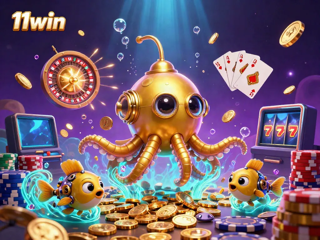 Experience thrilling wins with 11win's golden kraken submarine amidst cascading coins and exciting game elements.