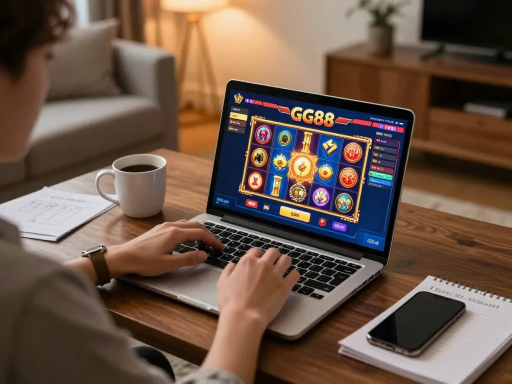 Player engaging in GG88 online gaming, showcasing vibrant slot game interface and cozy home setup.