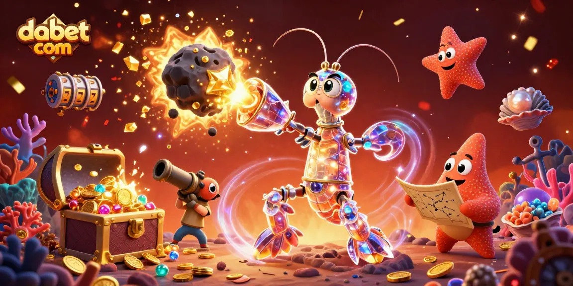 Unleash excitement with dabet com's vibrant 3D casino scene of a powerful mantis shrimp and treasure.