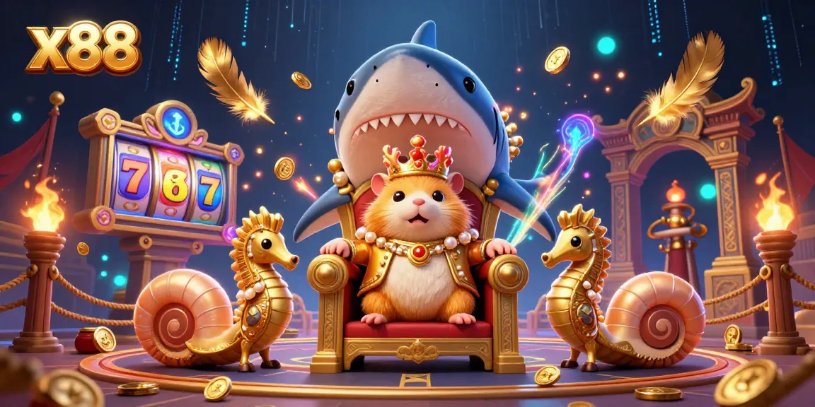 x88 casino-themed illustration showcases a hamster king in a gold throne surrounded by vibrant gambling elements.