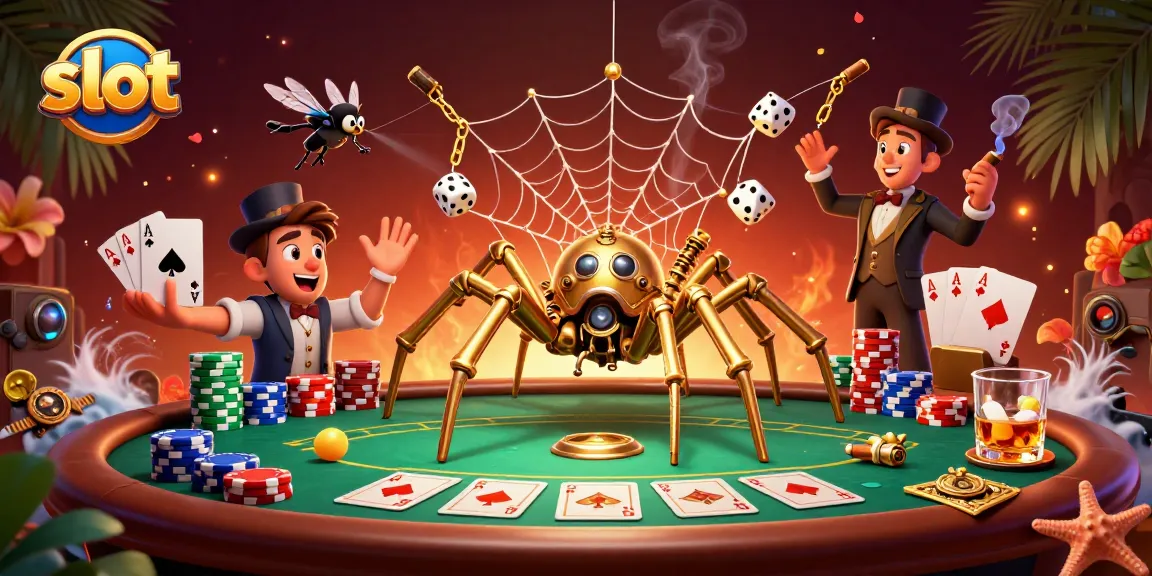 Engage in thrilling slot action with a 3D illustration of a playful steampunk scene catching dice in a web.