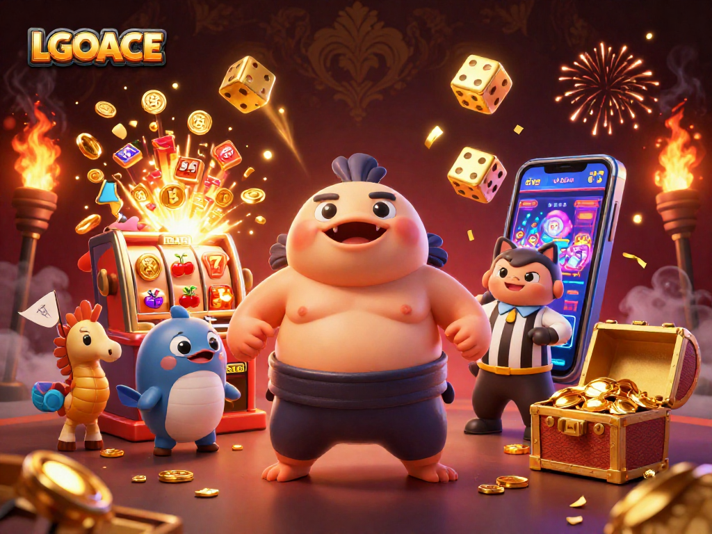 LGOACE offers thrilling slot experiences with dynamic characters in a colorful casino scene.