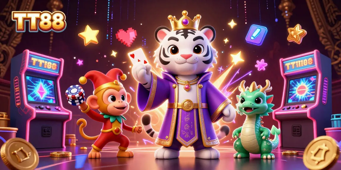TT88 showcases an elegant white tiger and playful monkey in a vibrant casino scene.