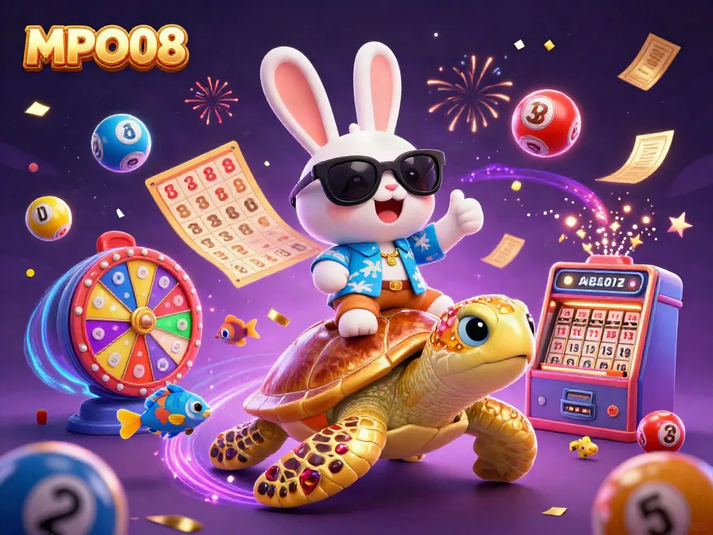 Engage with MPO08's vibrant casino world, featuring a lucky rabbit and a golden turtle immersed in gaming excitement.