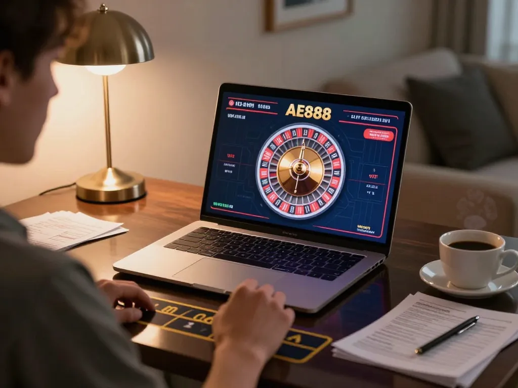 Engaging scene showcasing live dealer gameplay on https://ae888a.ru.com/ featuring roulette wheel and cozy home setup.