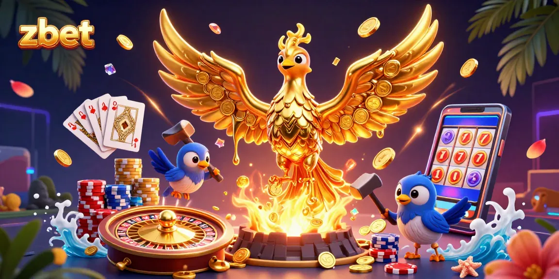 Experience jackpot moments with zbet featuring a molten phoenix and casino elements in a vibrant illustration.