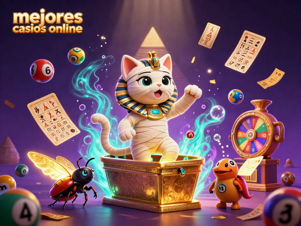Descubre mejores casinos online con Mummy Cat y elementos de juego en un vibrante casino.