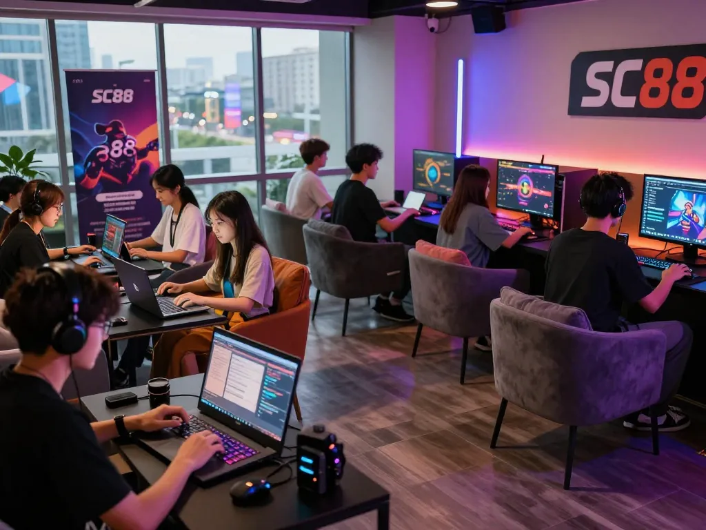 Engaged gamers enjoying vibrant online experiences at Nhà Cái SC88 with modern setups.