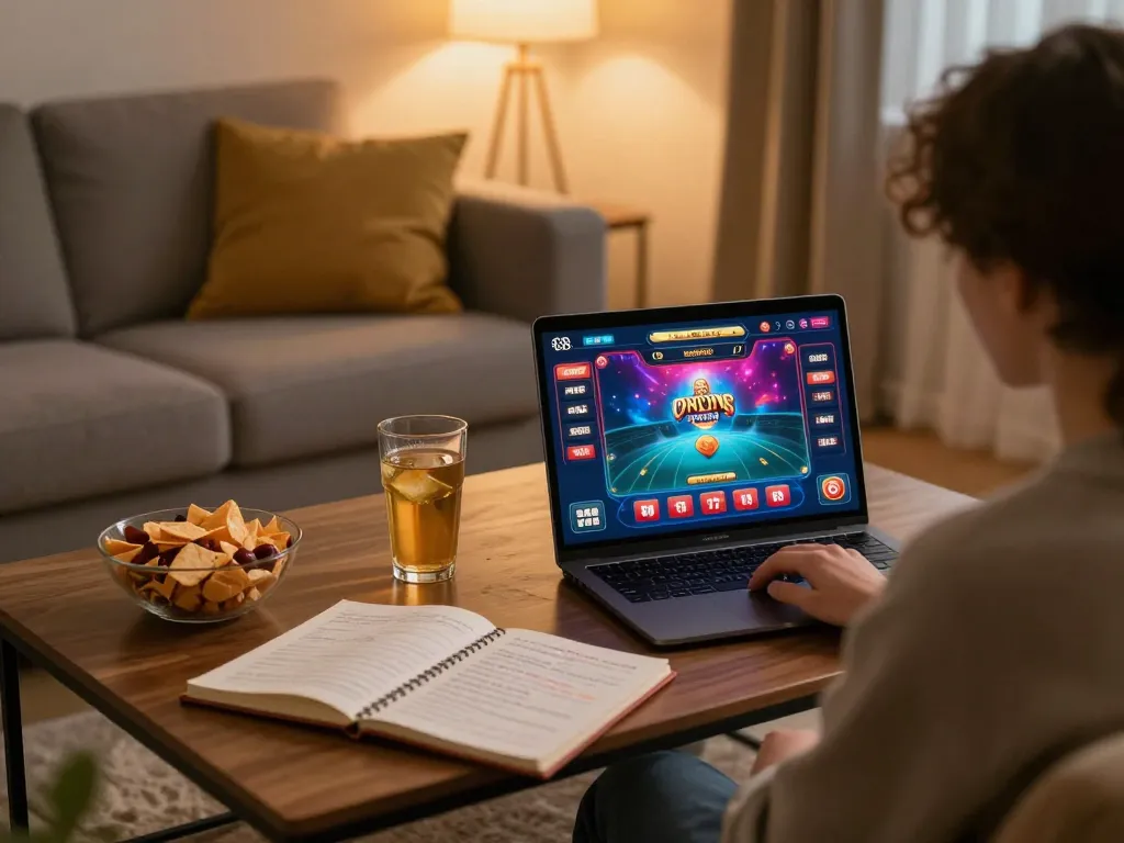 Person enjoying rik vip online gaming with tablet on cozy sofa, showcasing responsible gambling.