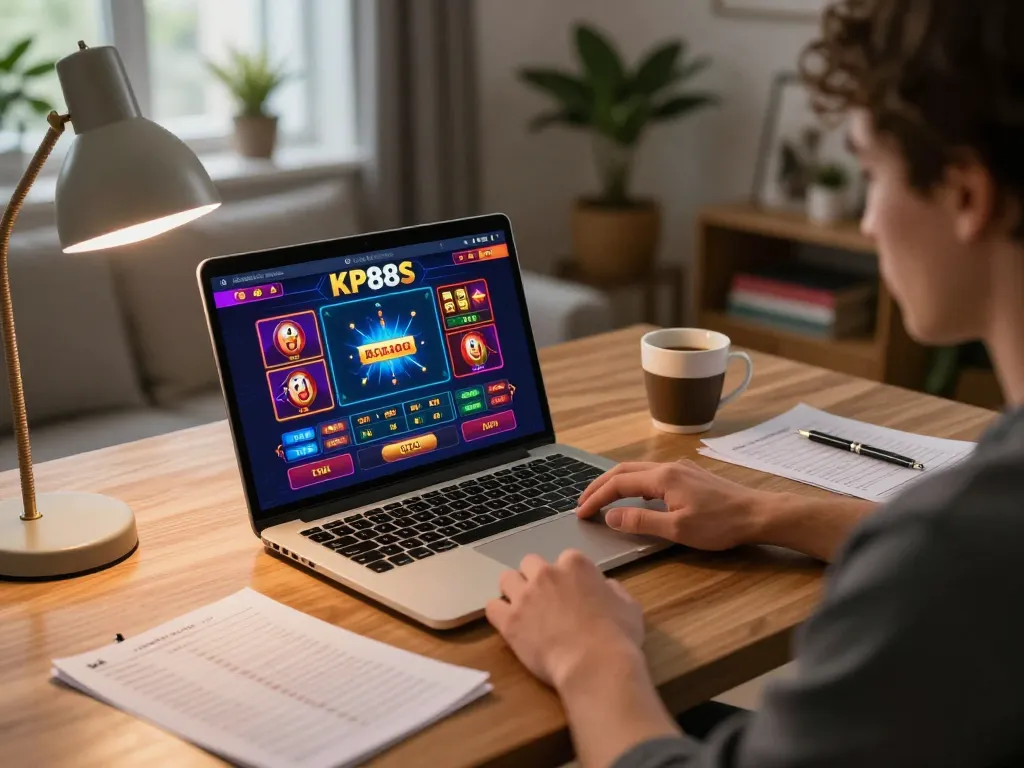 Engaging online gaming scene at KP88S casino with a player strategizing at their laptop