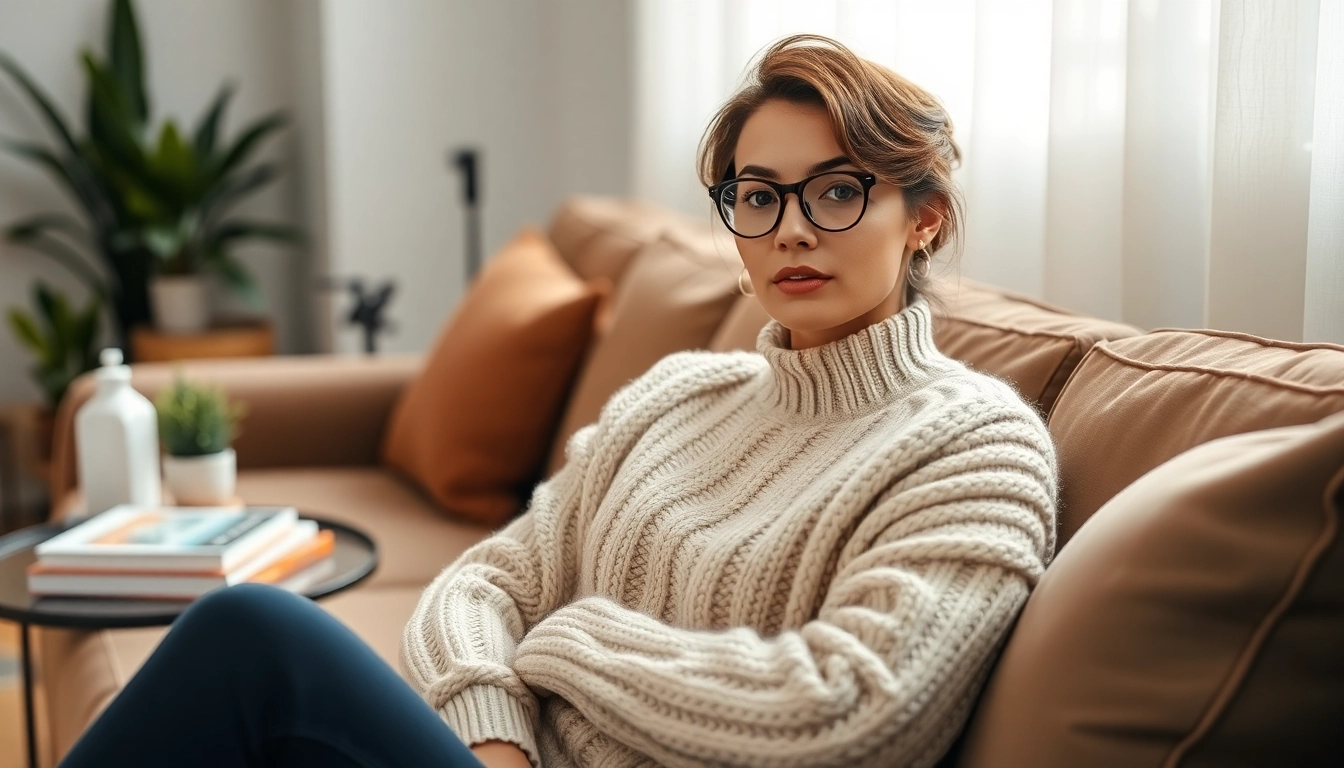Model showcasing stylish sweaters in a cozy indoor setting, emphasizing texture and comfort.