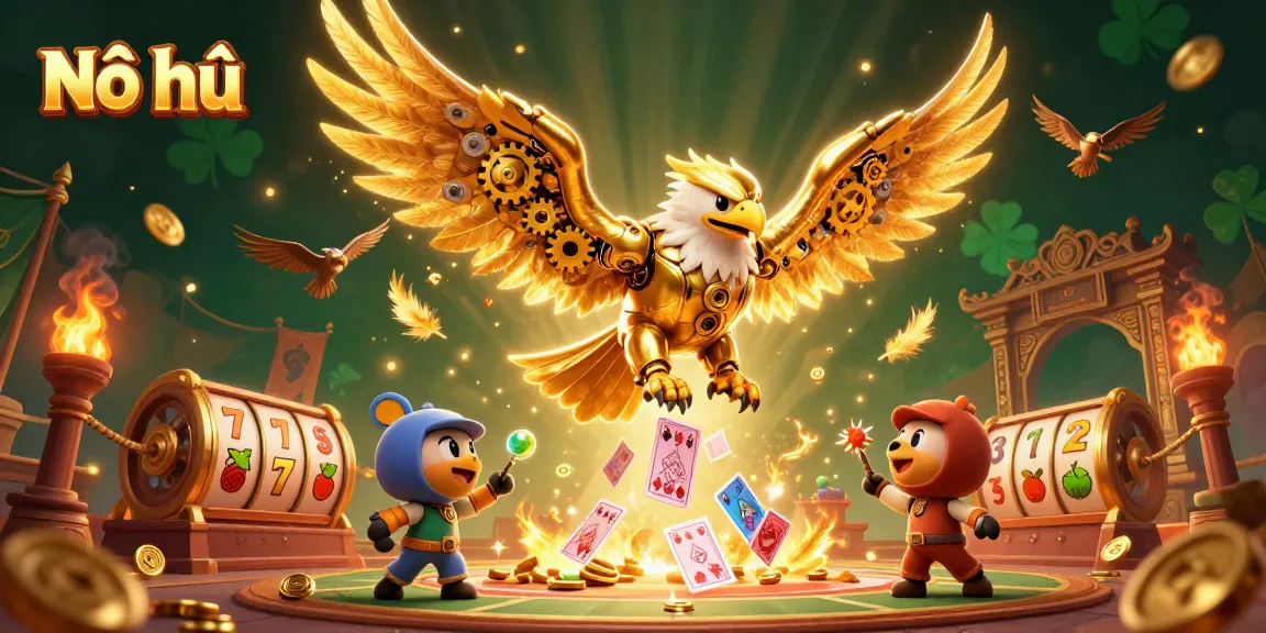 Nổ hũ reveals thrilling slot games as a golden eagle dives through holographic cards.