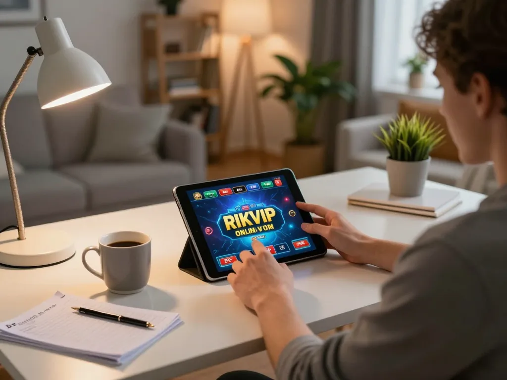 Engaging in RIKVIP online casino gaming at home, featuring tablet gameplay and strategic notes.