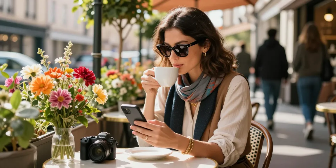 Chic woman enjoying coffee in óculos de grau feminino surrounded by urban scenery.