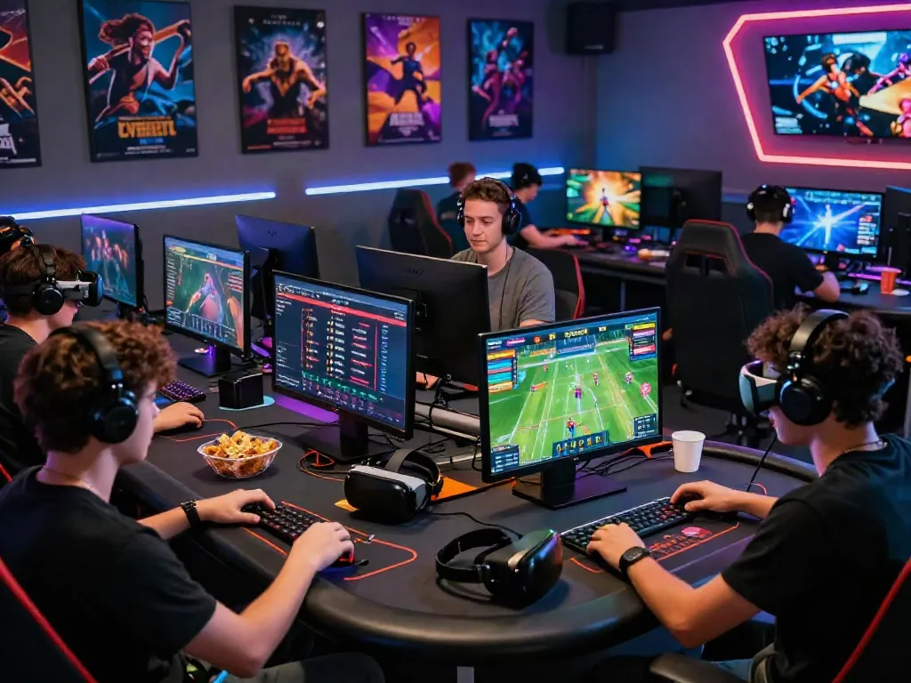 Engaging scene of players enjoying various games at https://playsv88.net/, showcasing lively gaming atmosphere with bright screens and interactive interfaces.
