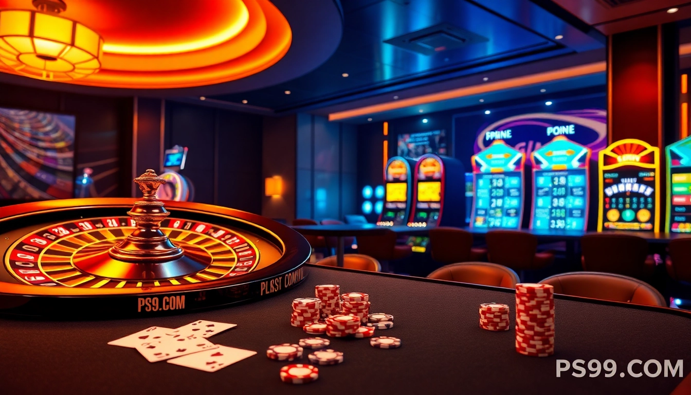 Experience high-stakes gaming thrills at PS99COM with vibrant casino tables and roulette.