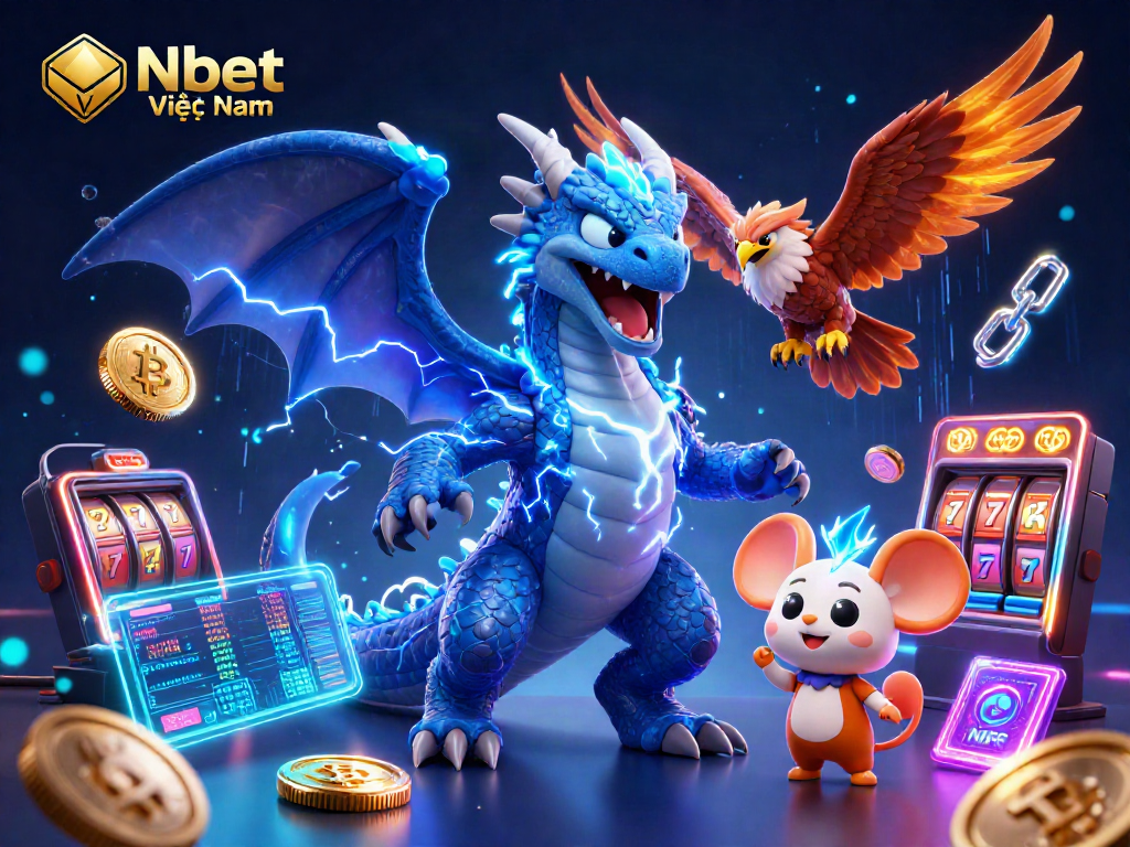 Nbet Việt Nam highlights thrilling slot action with a dynamic dragon and hawk in a vibrant casino setting.