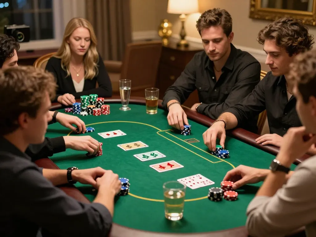 Players enjoying a competitive Texas Hold'em game at a stylish poker table on 79king.