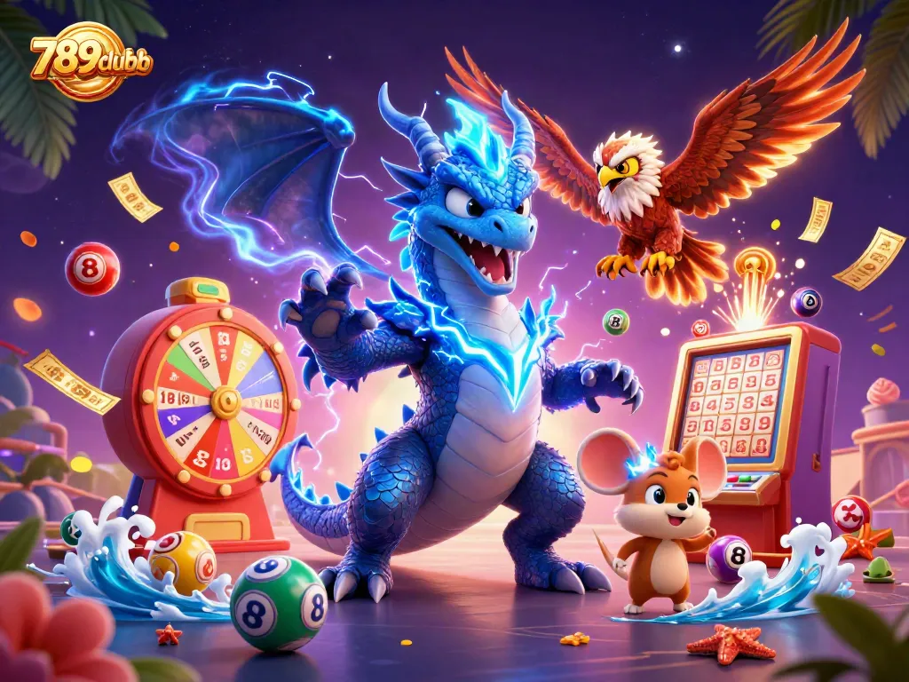 Experience big wins with 789clubb's electrifying lottery-themed scene featuring dynamic game elements.