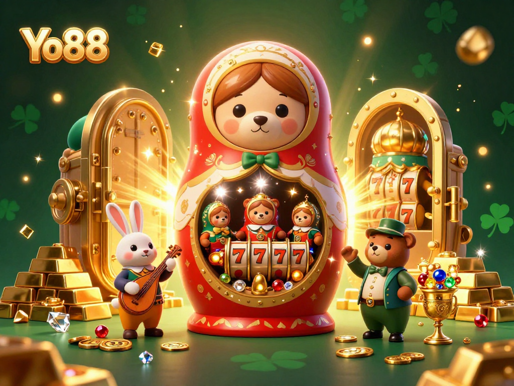 Experience the thrilling world of Yo88 with playful bears, vibrant slots, and golden treasures combined in a lively casino scene.