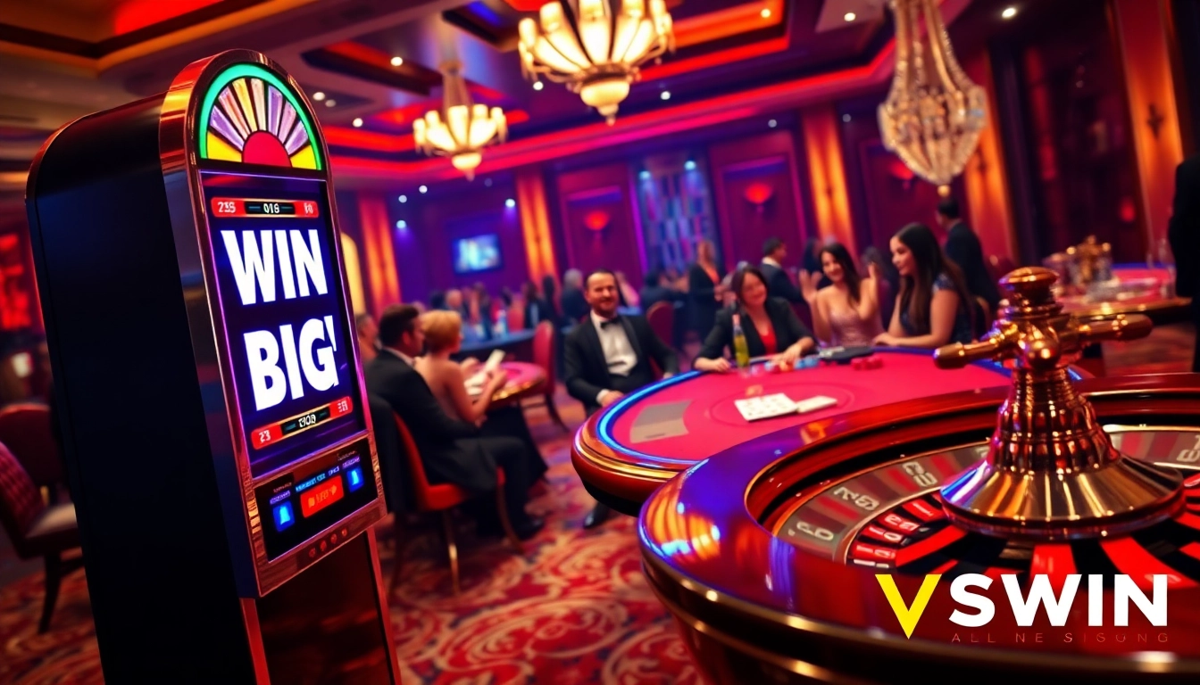 VSWIN slot machine displays a "WIN BIG!" message in a luxurious casino scene, with players at a poker table.