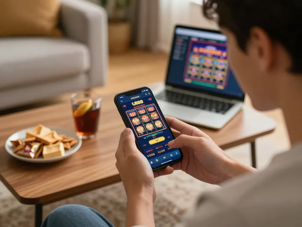 Engaging with U888 casino app during a cozy home gaming session.