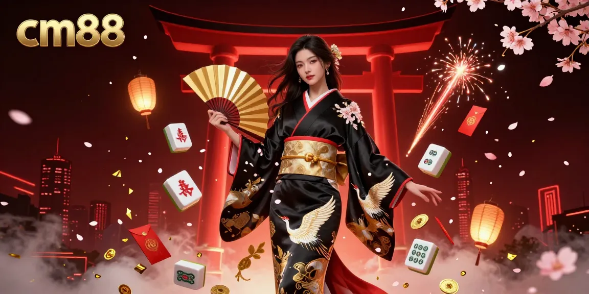 Engage in thrilling games at cm88 with an elegant figure surrounded by falling petals and glowing symbols.