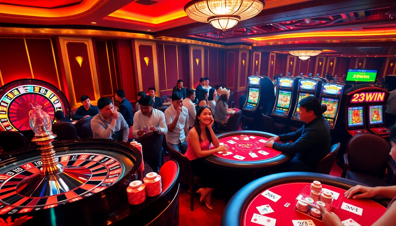 Experience the excitement of 23WIN at a luxurious casino showcasing roulette and poker action.