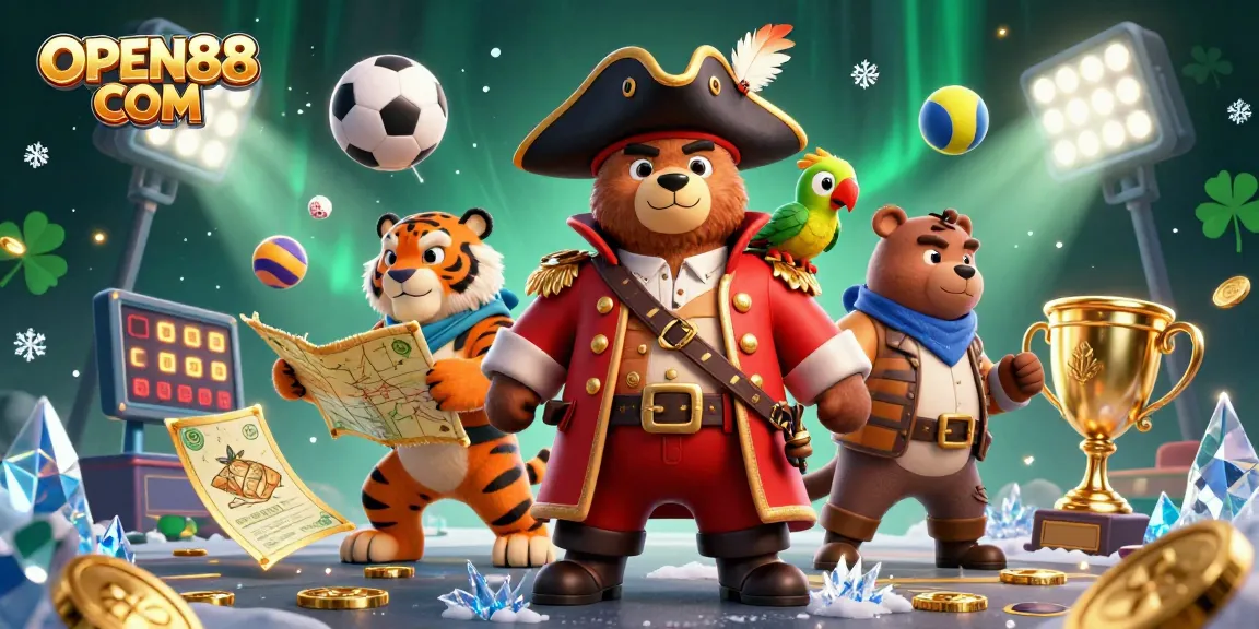 Engage in thrilling gaming at OPEN88 COM with a pirate captain bear and his fierce tiger mate amidst dynamic sports elements.