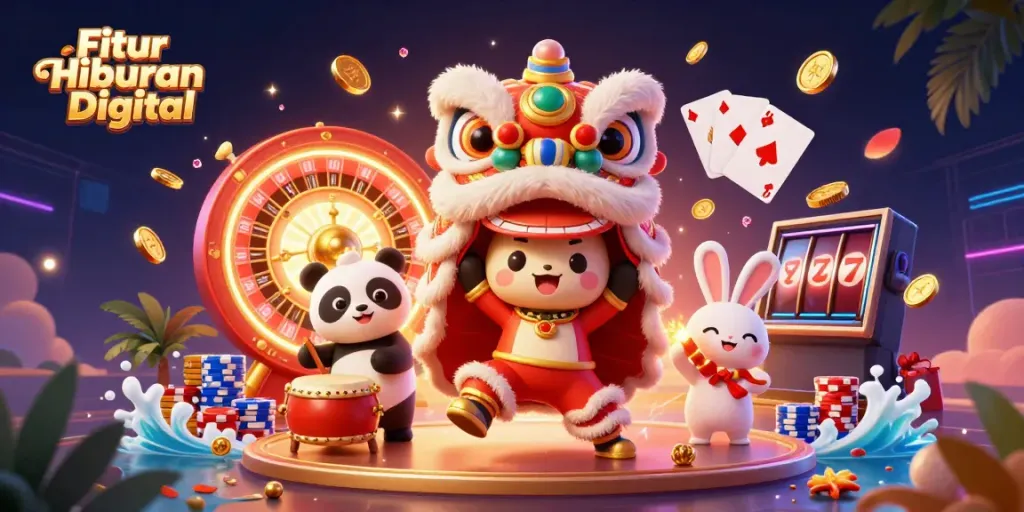 Experience the vibrant Fitur Hiburan Digital with festive lion dance and casino excitement.