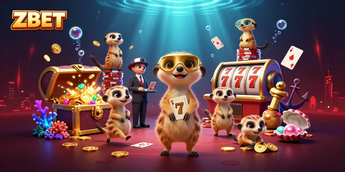 ZBET-themed illustration with meerkats managing a casino, enveloped in gems and vibrant colors.