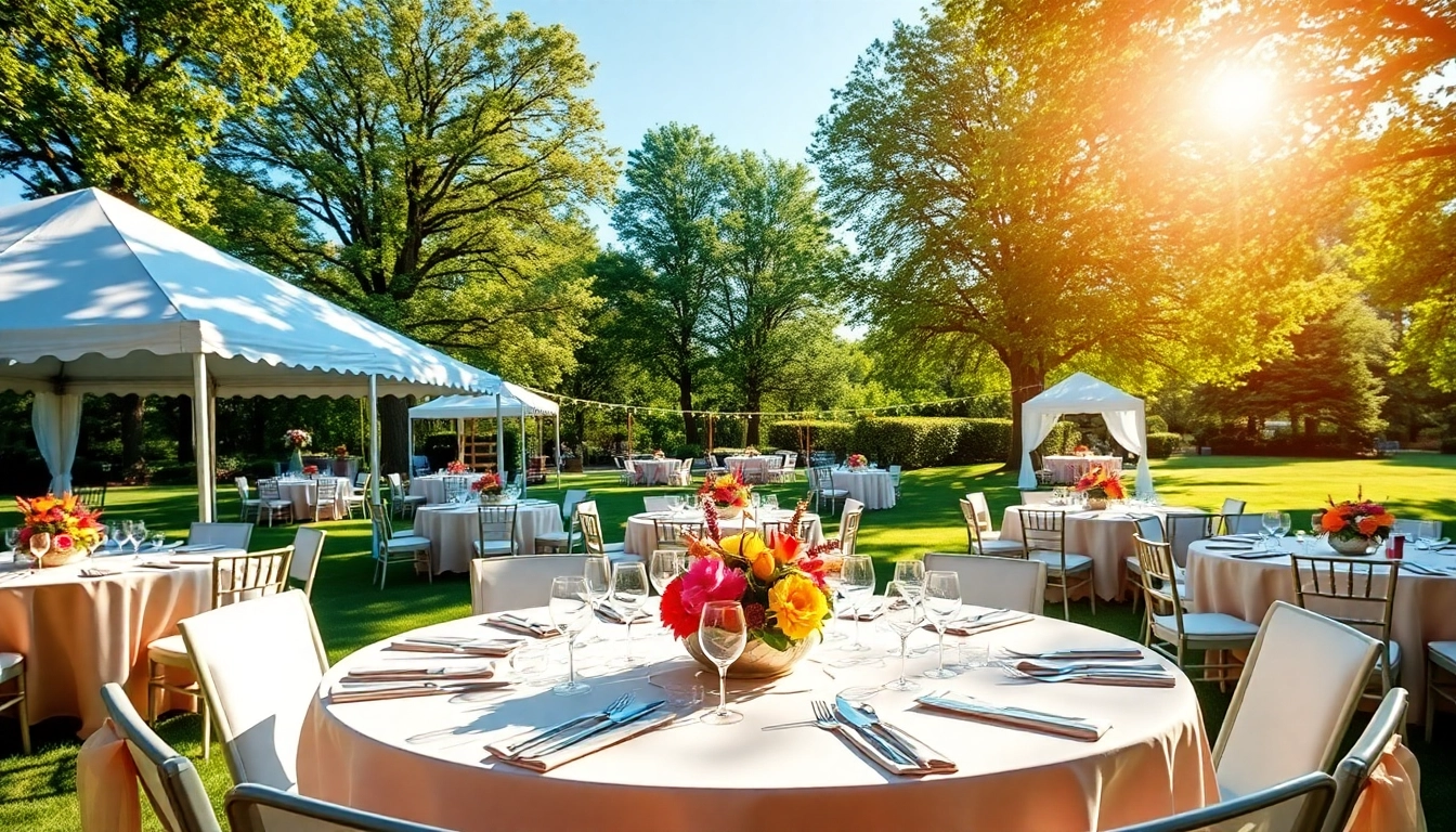 Engaging setup of Outdoor Party Rentals featuring tents, tables, and chairs in a lively outdoor park.