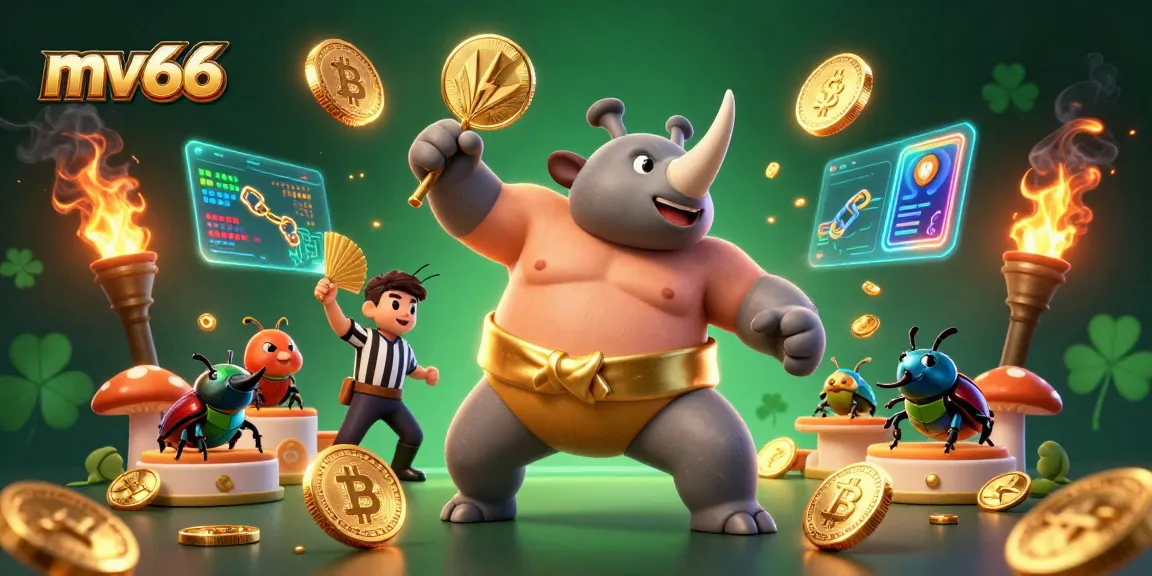 Engage in high-stakes mv66 action as the rhinoceros beetle champion stomps coins, showcasing vibrant casino dynamics.