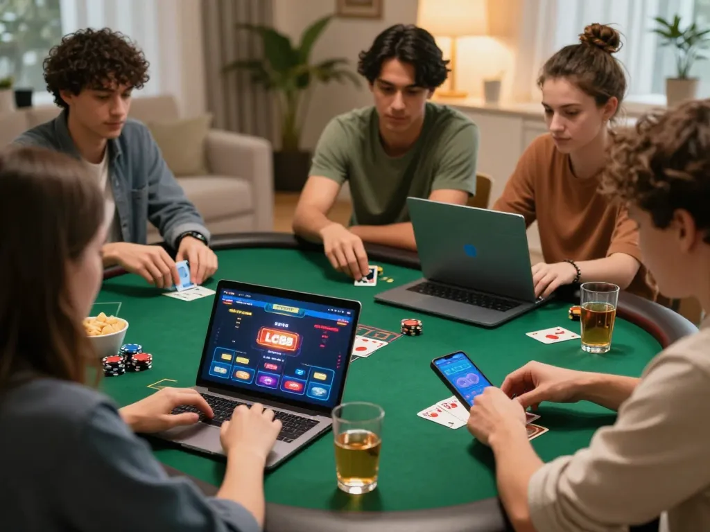 Engaged players enjoying LC88 online poker at home, analyzing hands and strategies.