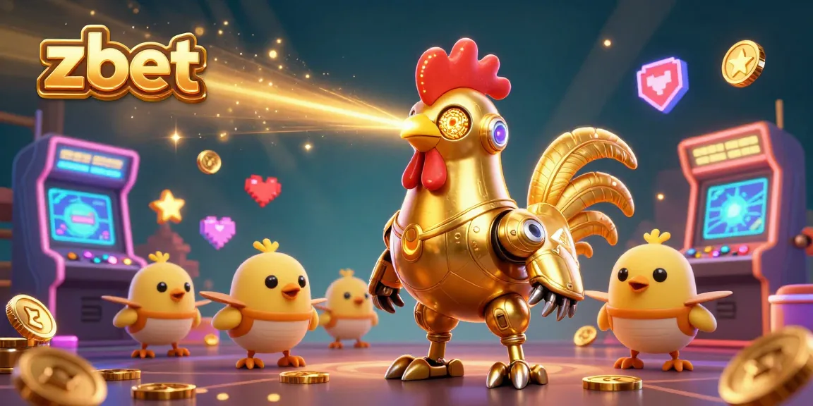 Zbet showcases a vibrant 3D scene with a golden rooster robot and baby chick drones weaving through glowing casino elements.