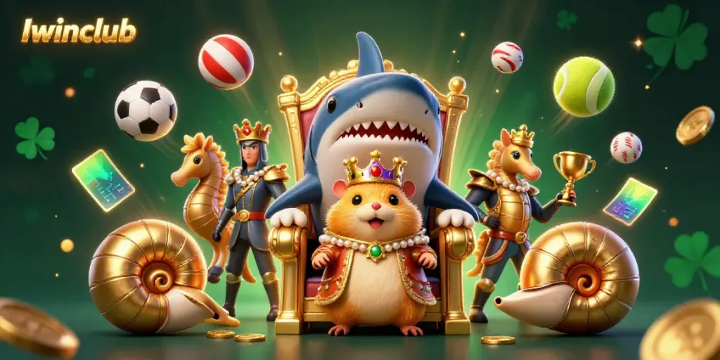 Iwinclub showcases a vibrant 3D cartoon casino scene with dynamic gaming elements and a royal hamster king.