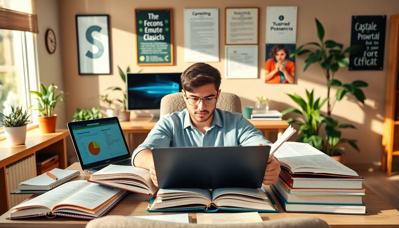 Student focused on exam help in a well-lit study environment filled with books and notes.