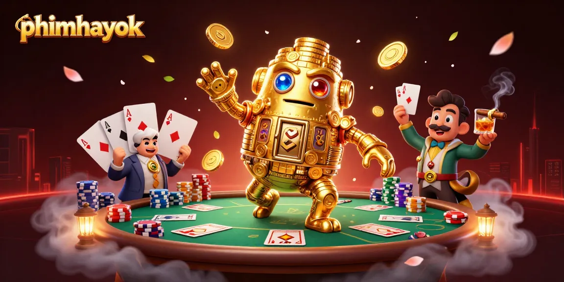 Spin the reels at phimhayok, featuring a golden golem and vibrant poker setup!
