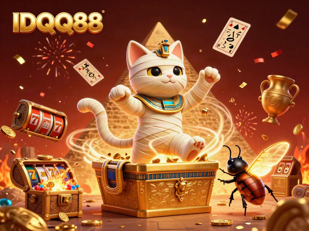 Join the excitement at IDQQ88 with a vibrant scene featuring a mummy cat and casino elements.