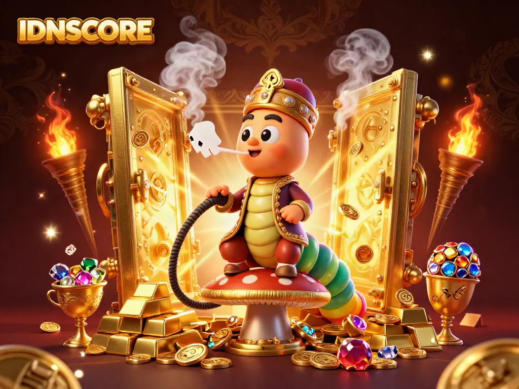 Experience thrilling gameplay at IDNSCORE with a vibrant 3D casino illustration filled with gems and treasure.