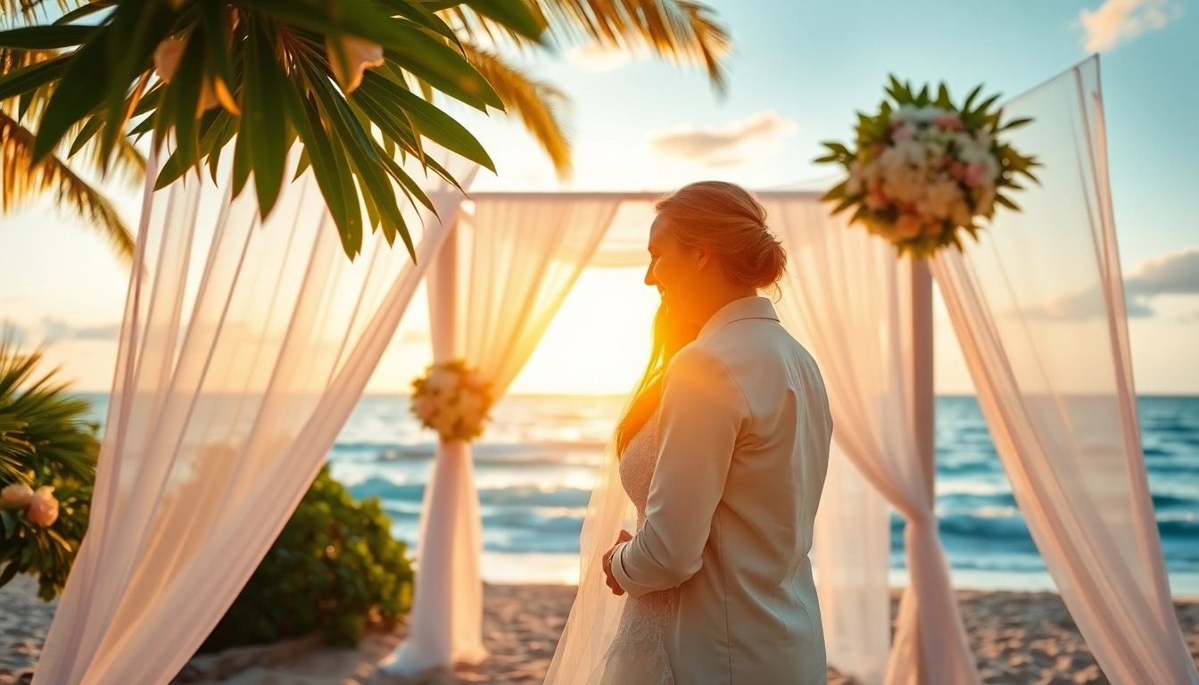 Destination photographer captures a romantic beach wedding at sunset.