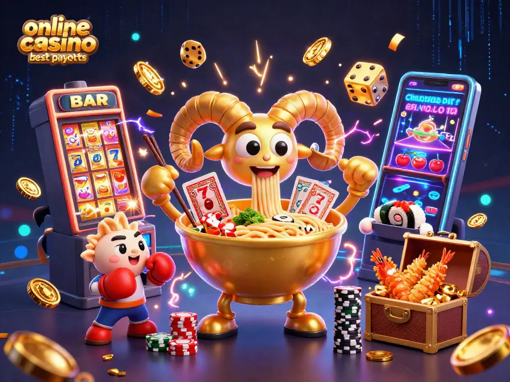 Experience online casino best payouts with vibrant 3D character and game action illustration.