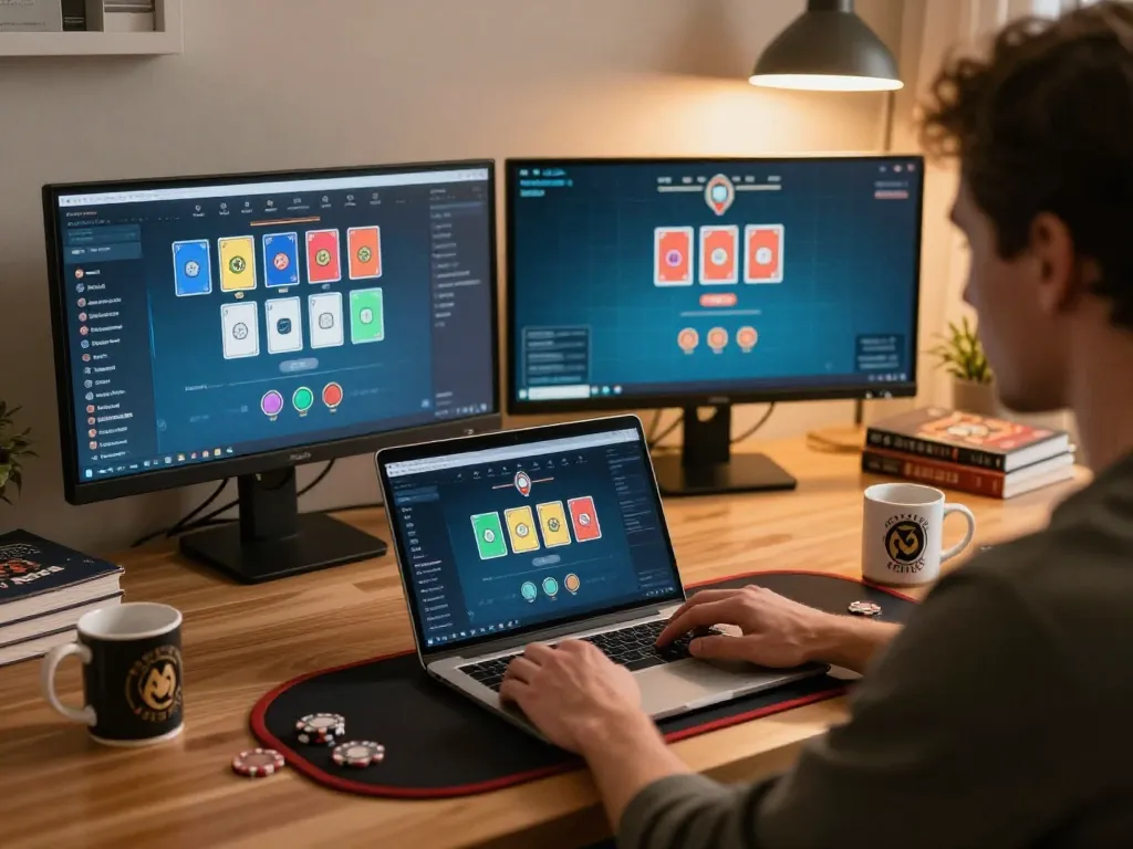 Player focusing on online poker gameplay on a laptop in a stylish modern workspace, integrating TG88 casino gaming strategically.