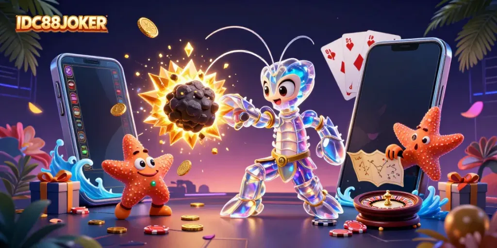 Experience exciting slot games with IDC88JOKER featuring vibrant characters amidst exploding gems.