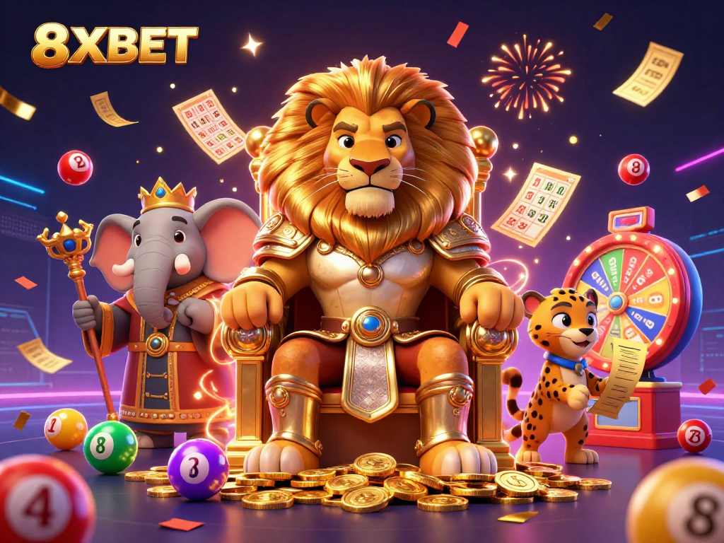 Catch exciting 8XBET lottery wins with a vibrant scene of games and rewards in a royal casino.